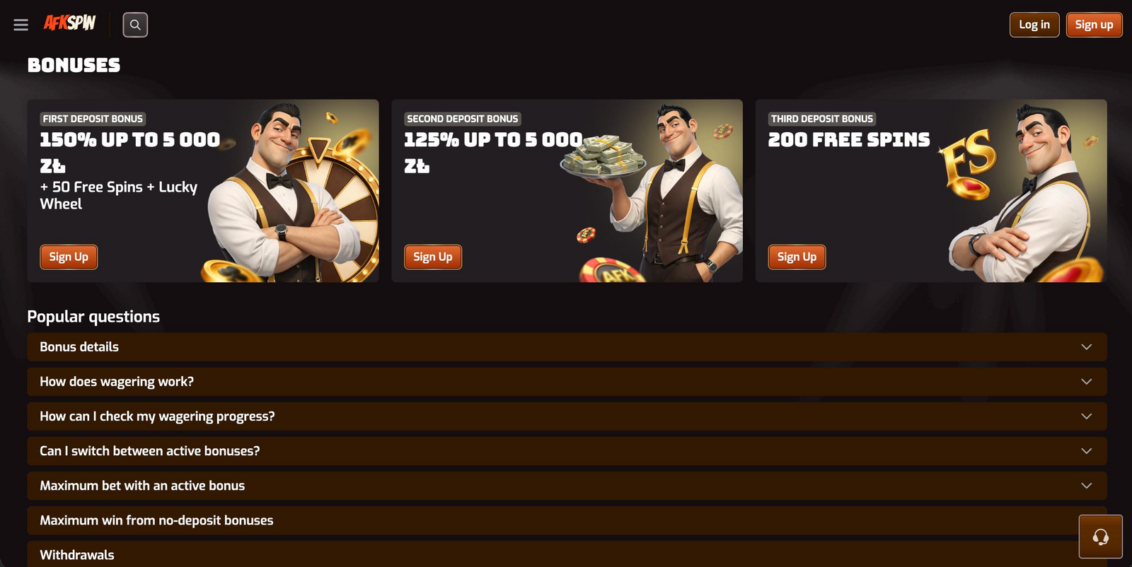 Bannière de la page des bonus d'AFKSpin Casino